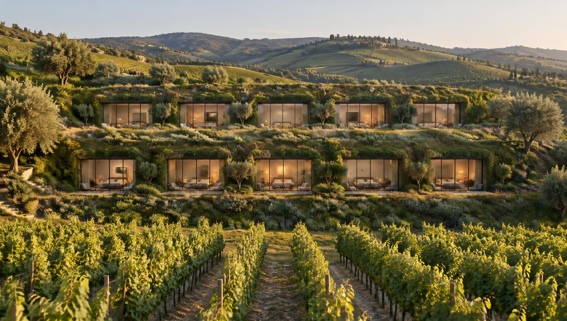 Wineyard View: diez refugios enterrados, cinco por escalón, con fachadas de cristal y jardines frente a los viñedos