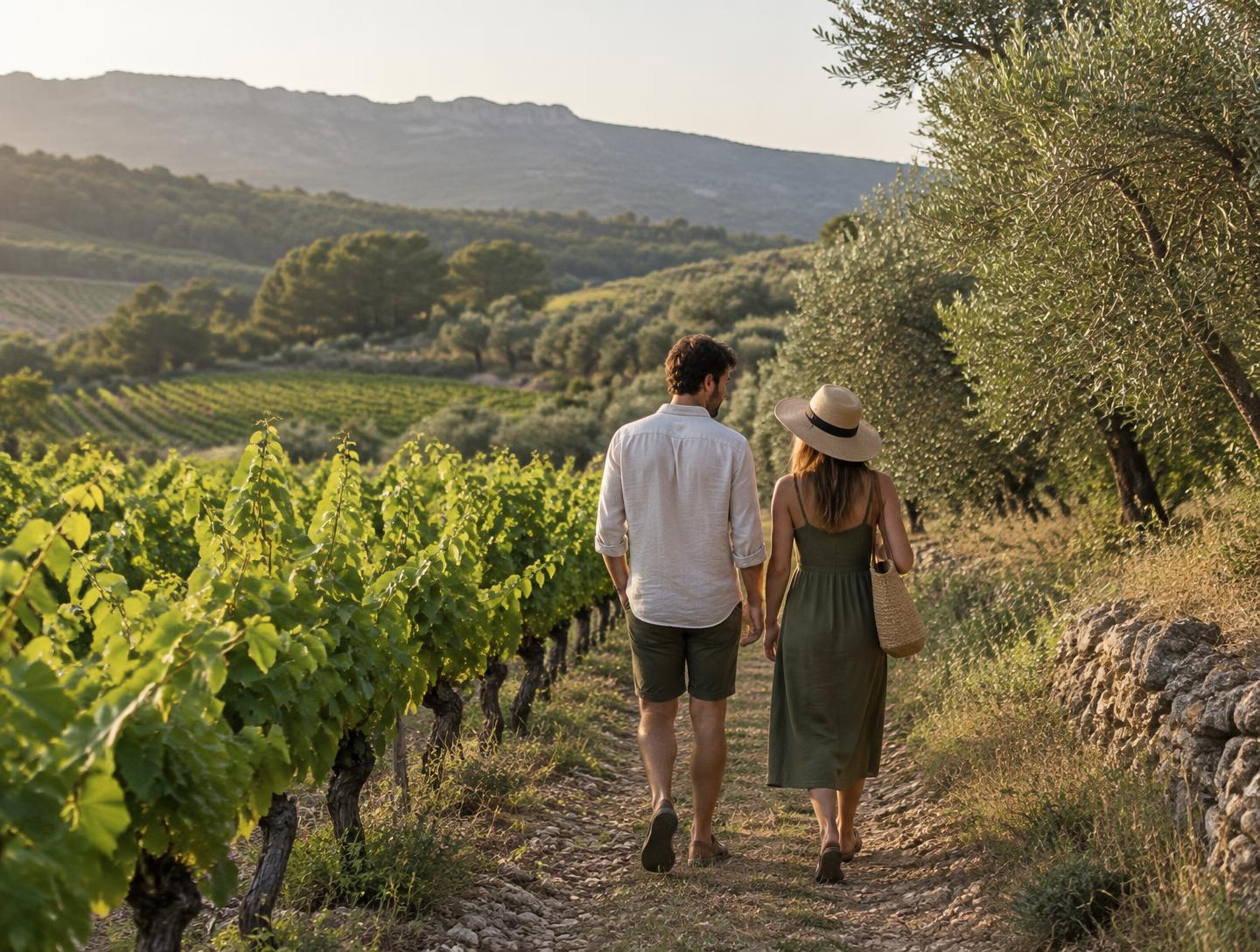 Pareja paseando entre viñedos mediterráneos
